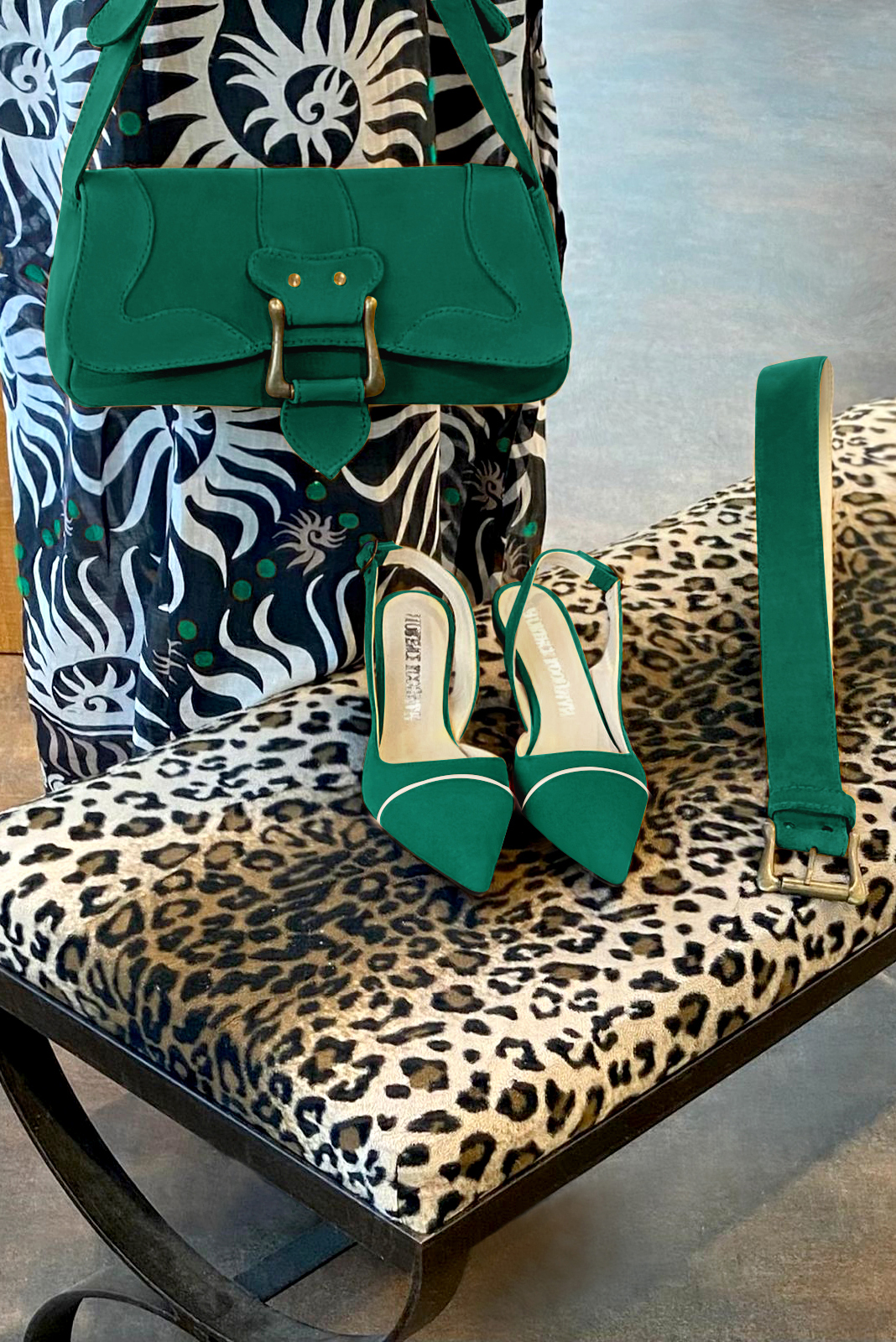 Emerald green women's dress handbag, matching pumps and belts. Worn view - Florence KOOIJMAN